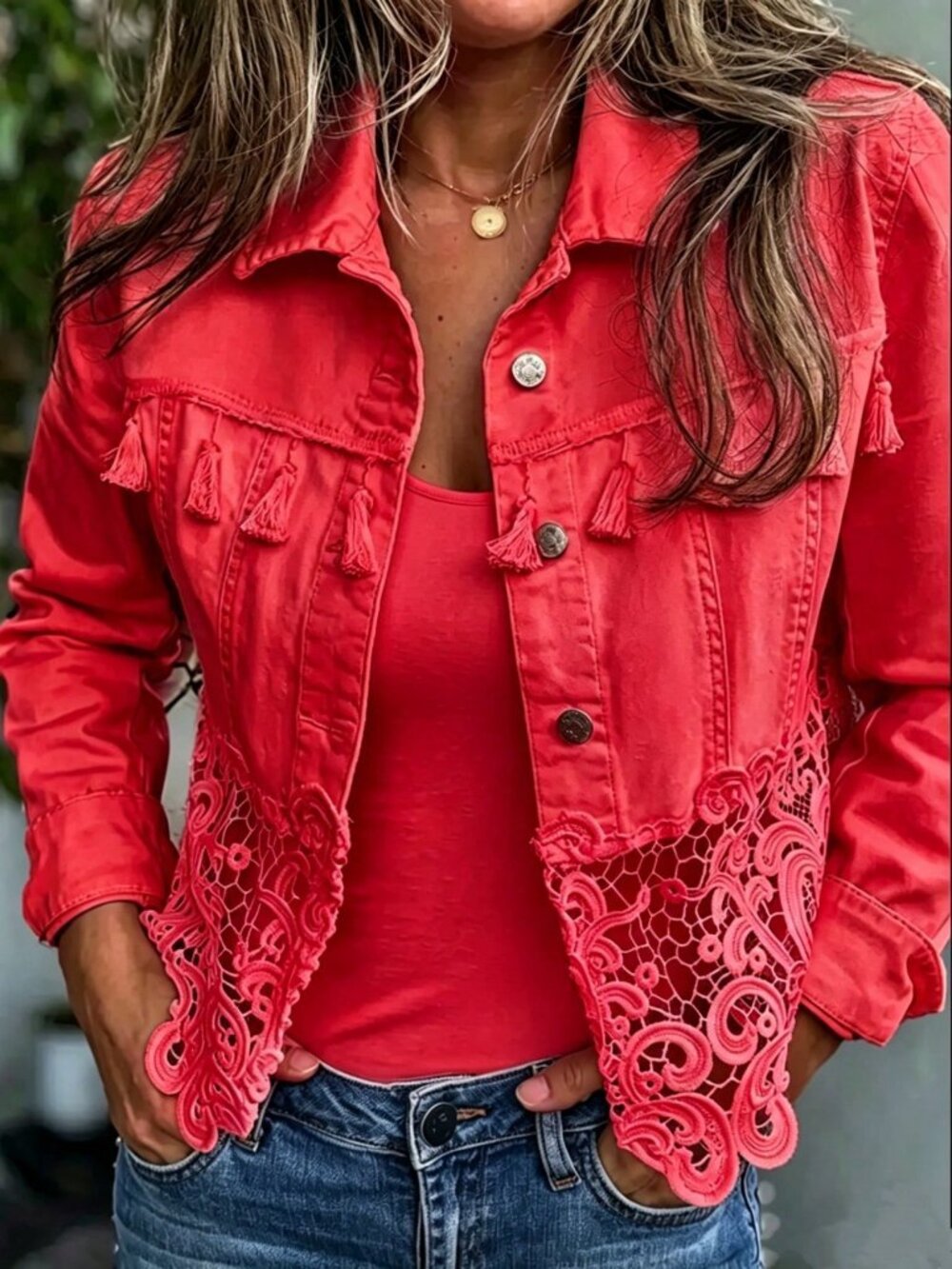 Red Cute Vintage Women's Plants Patchwork Denim Jacket